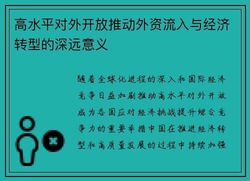 高水平对外开放推动外资流入与经济转型的深远意义 高水平对外开放推动外资流入与经济转型的深远意义